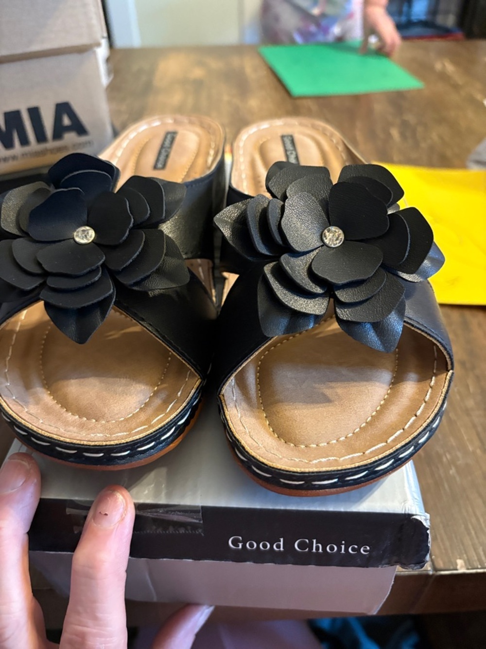 Good Chic Black Floral Slide Sandals with Gem Accent
